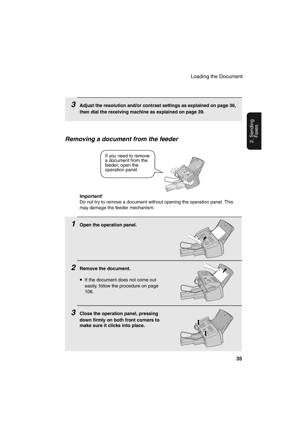 Sharp FO-B1600 operation manual Removing a document from the feeder, Open the operation panel Remove the document 