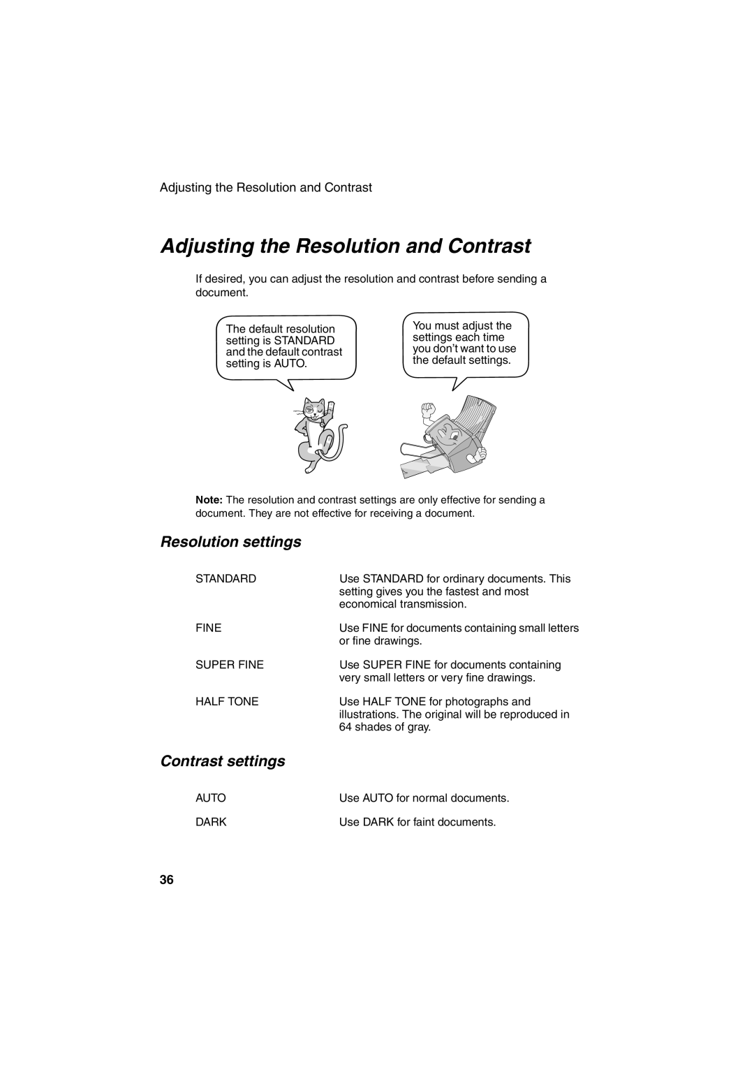 Sharp FO-B1600 operation manual Adjusting the Resolution and Contrast, Resolution settings, Contrast settings 