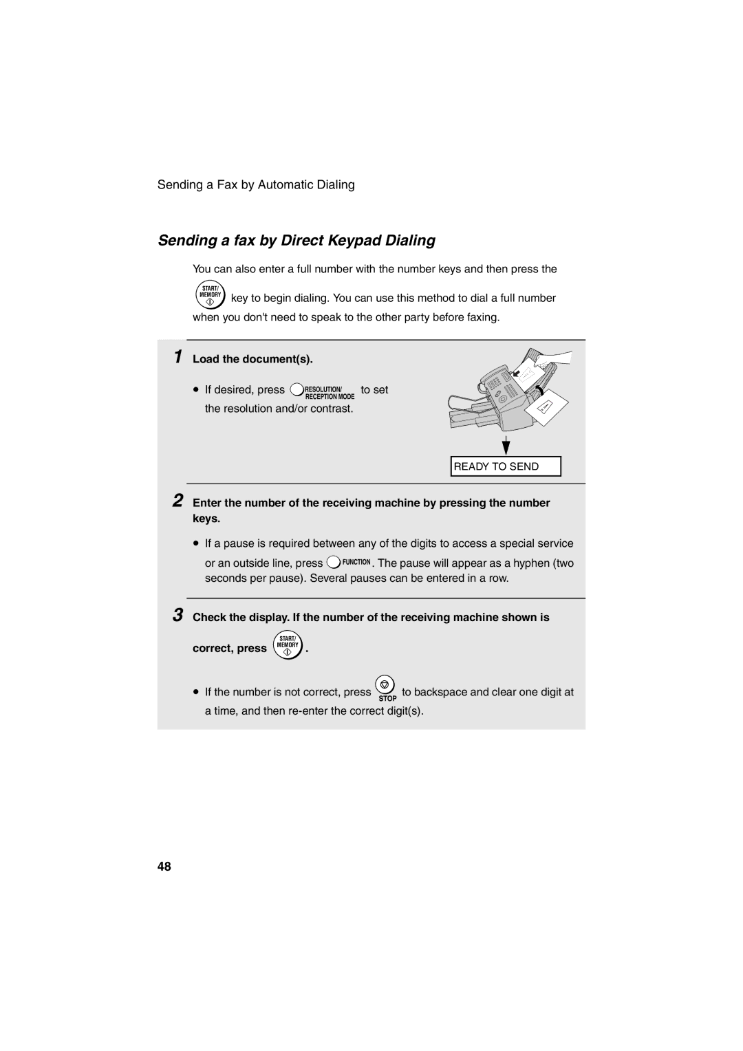 Sharp FO-B1600 operation manual Sending a fax by Direct Keypad Dialing, Correct, press Memory 