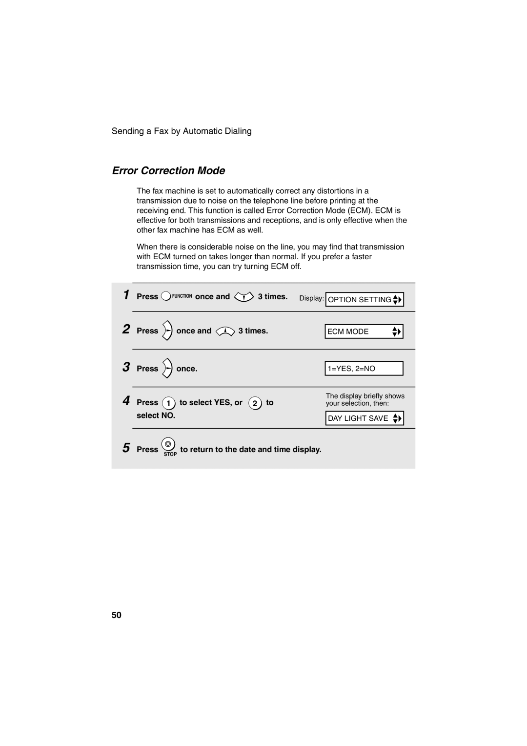 Sharp FO-B1600 operation manual Error Correction Mode, Press Function once Times. Display 