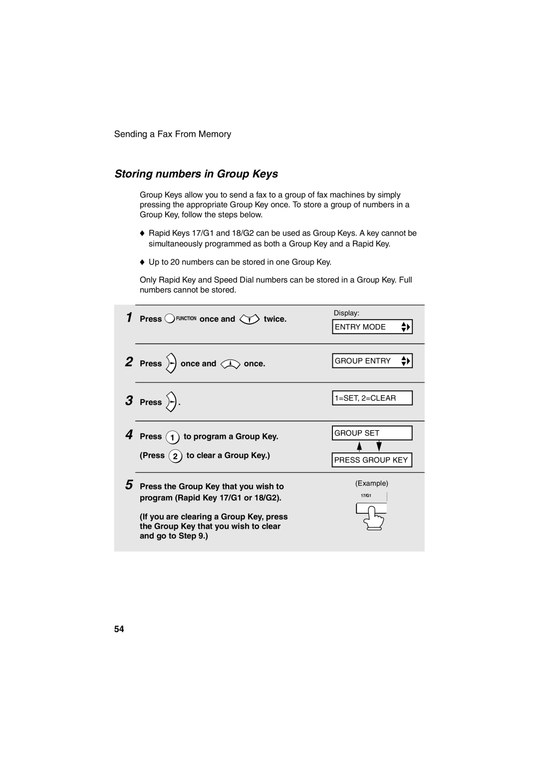 Sharp FO-B1600 operation manual Storing numbers in Group Keys, Press To program a Group Key, Press To clear a Group Key 