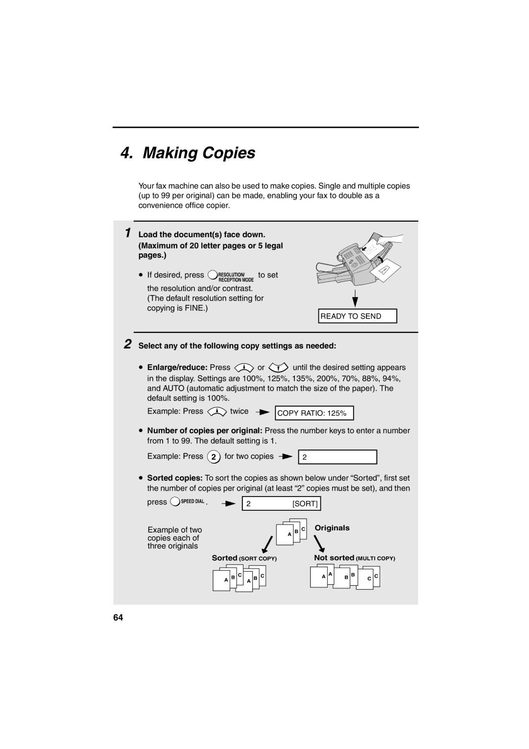 Sharp FO-B1600 operation manual Making Copies, Select any of the following copy settings as needed 