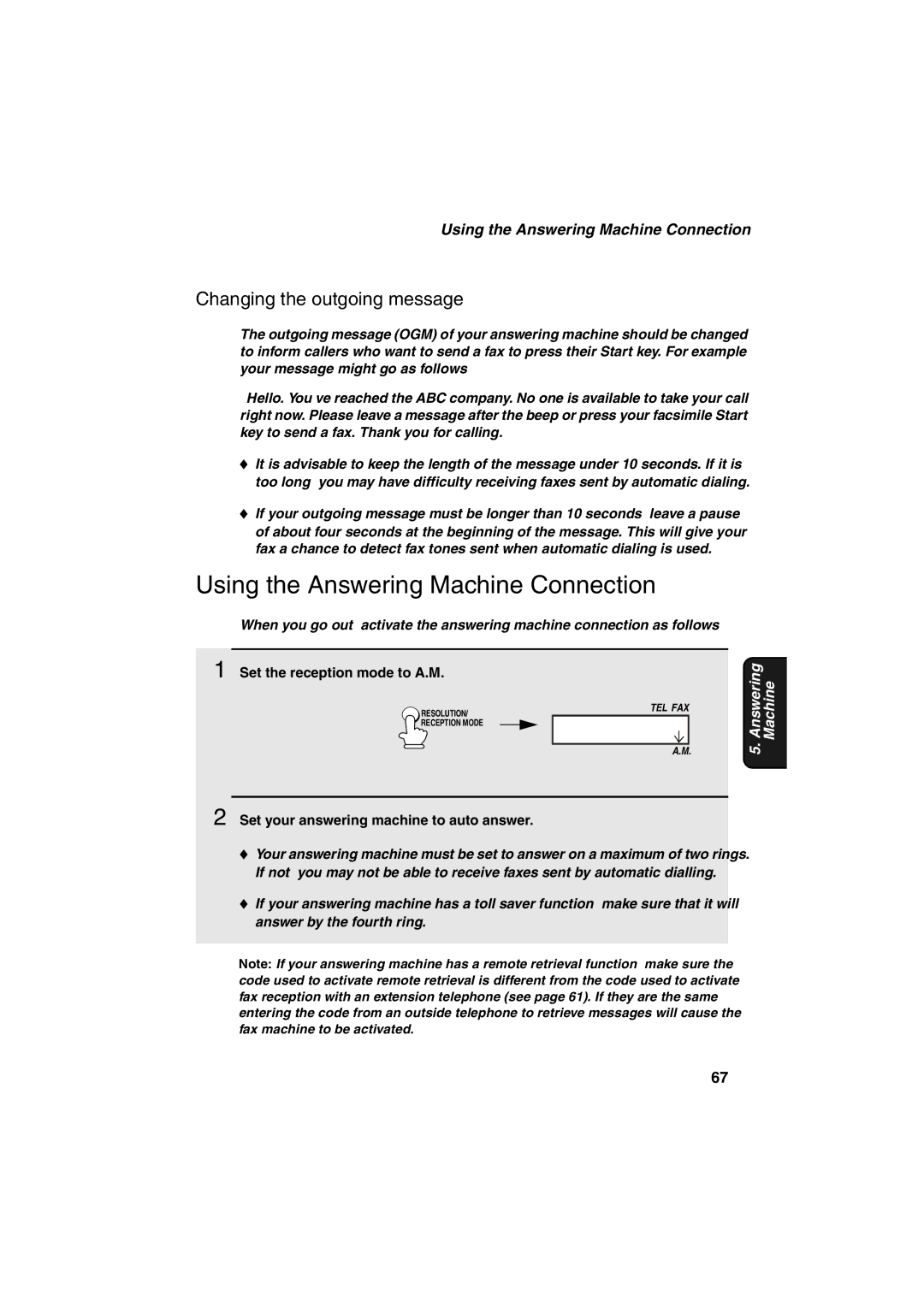 Sharp FO-B1600 Using the Answering Machine Connection, Changing the outgoing message, Set the reception mode to A.M 