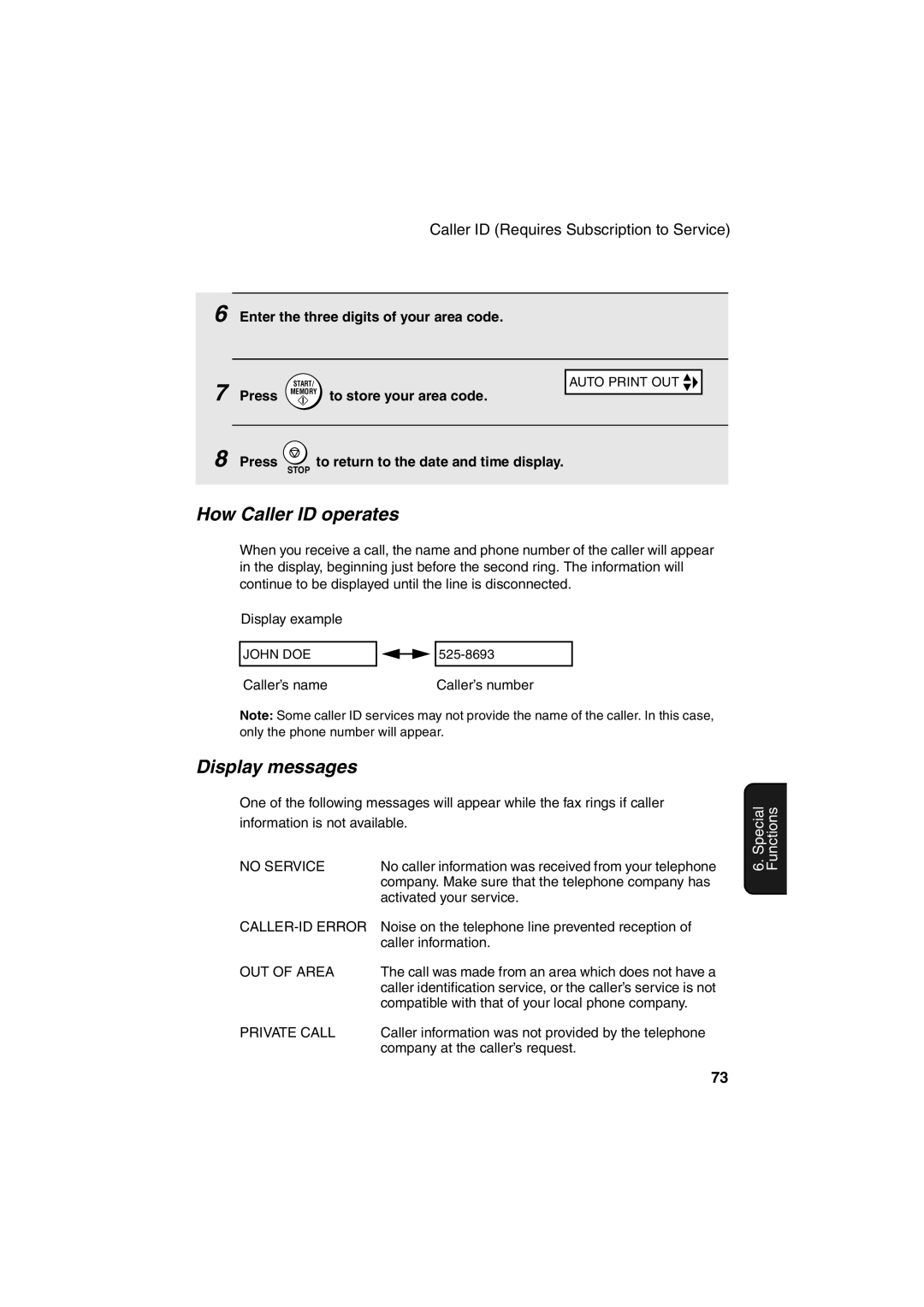 Sharp FO-B1600 operation manual How Caller ID operates, Display messages, Enter the three digits of your area code 