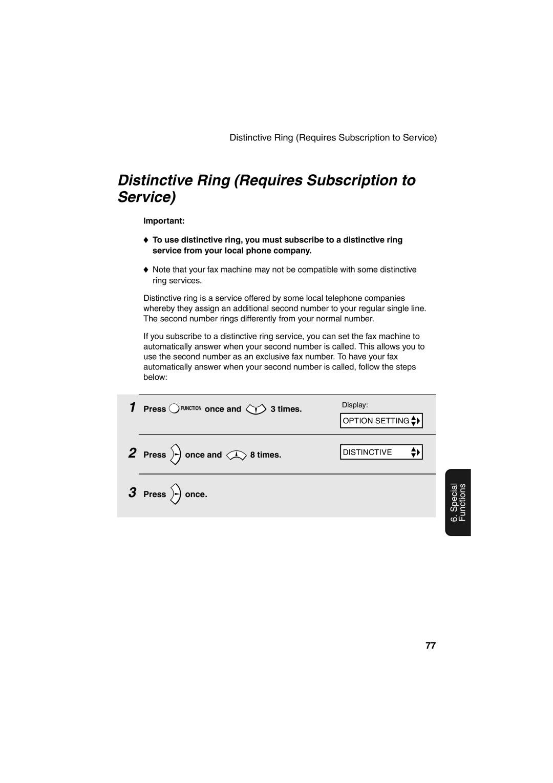 Sharp FO-B1600 operation manual Distinctive Ring Requires Subscription to Service, Times 