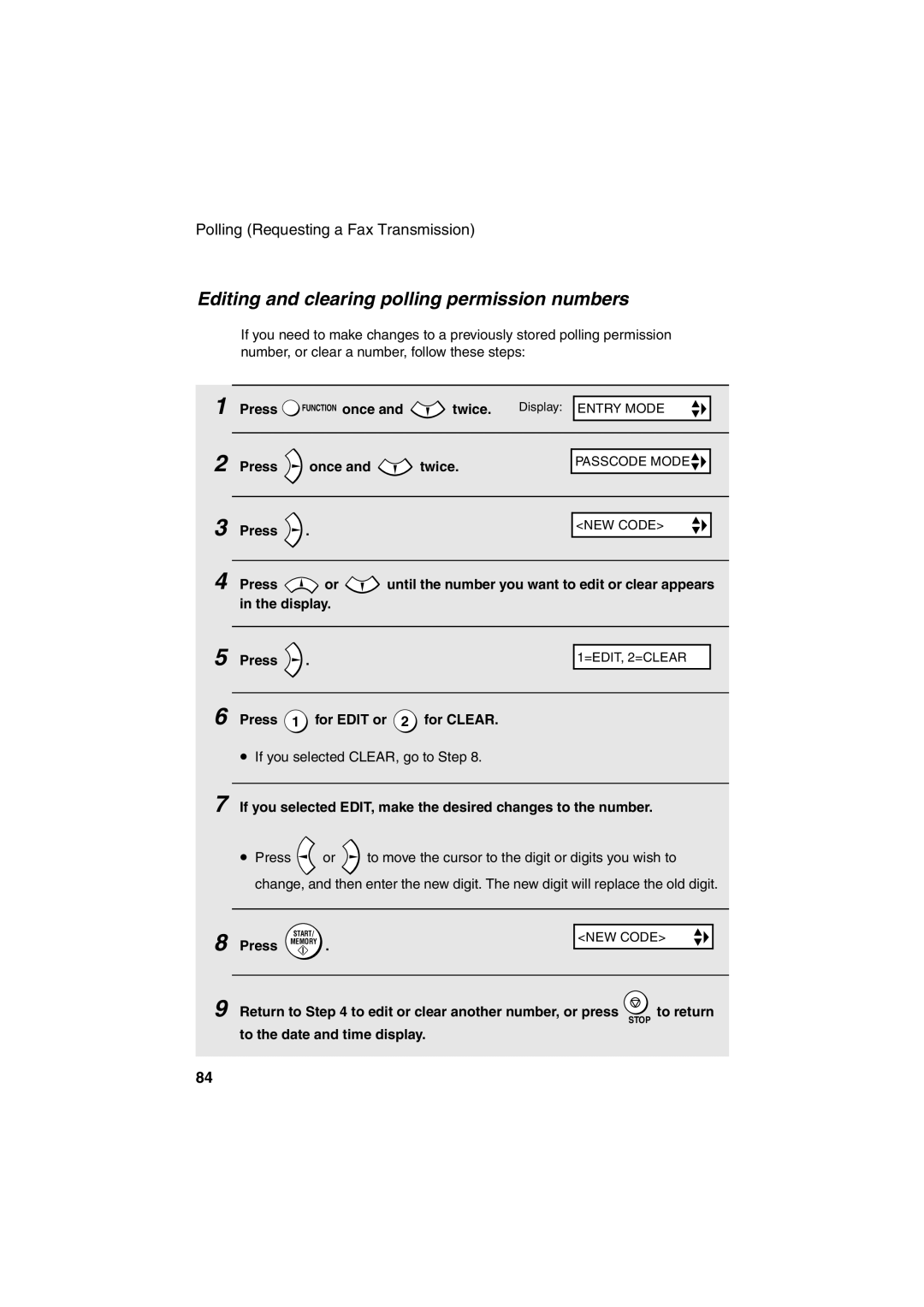 Sharp FO-B1600 operation manual Editing and clearing polling permission numbers, Press 1 for Edit or 2 for Clear 