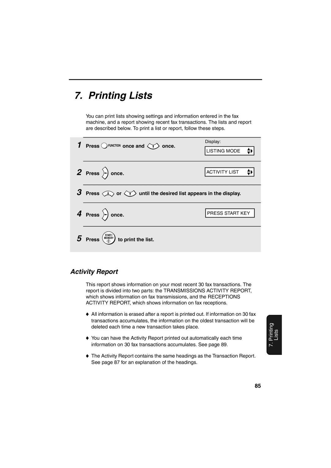 Sharp FO-B1600 Printing Lists, Activity Report, Press Function once and once, Press Memory to print the list 