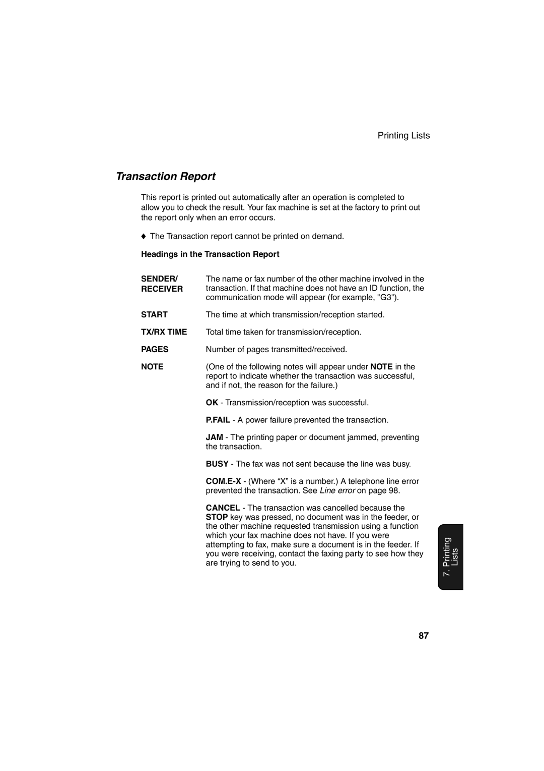 Sharp FO-B1600 operation manual Headings in the Transaction Report 