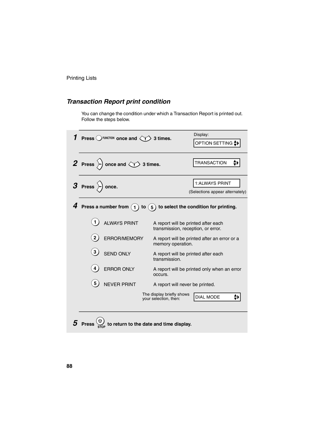 Sharp FO-B1600 operation manual Transaction Report print condition, Press Function once and 3 times 