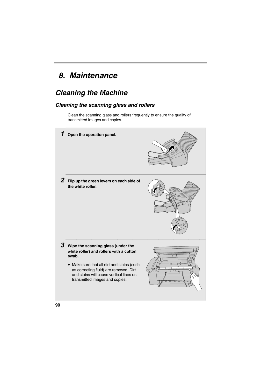 Sharp FO-B1600 operation manual Maintenance, Cleaning the Machine, Cleaning the scanning glass and rollers 