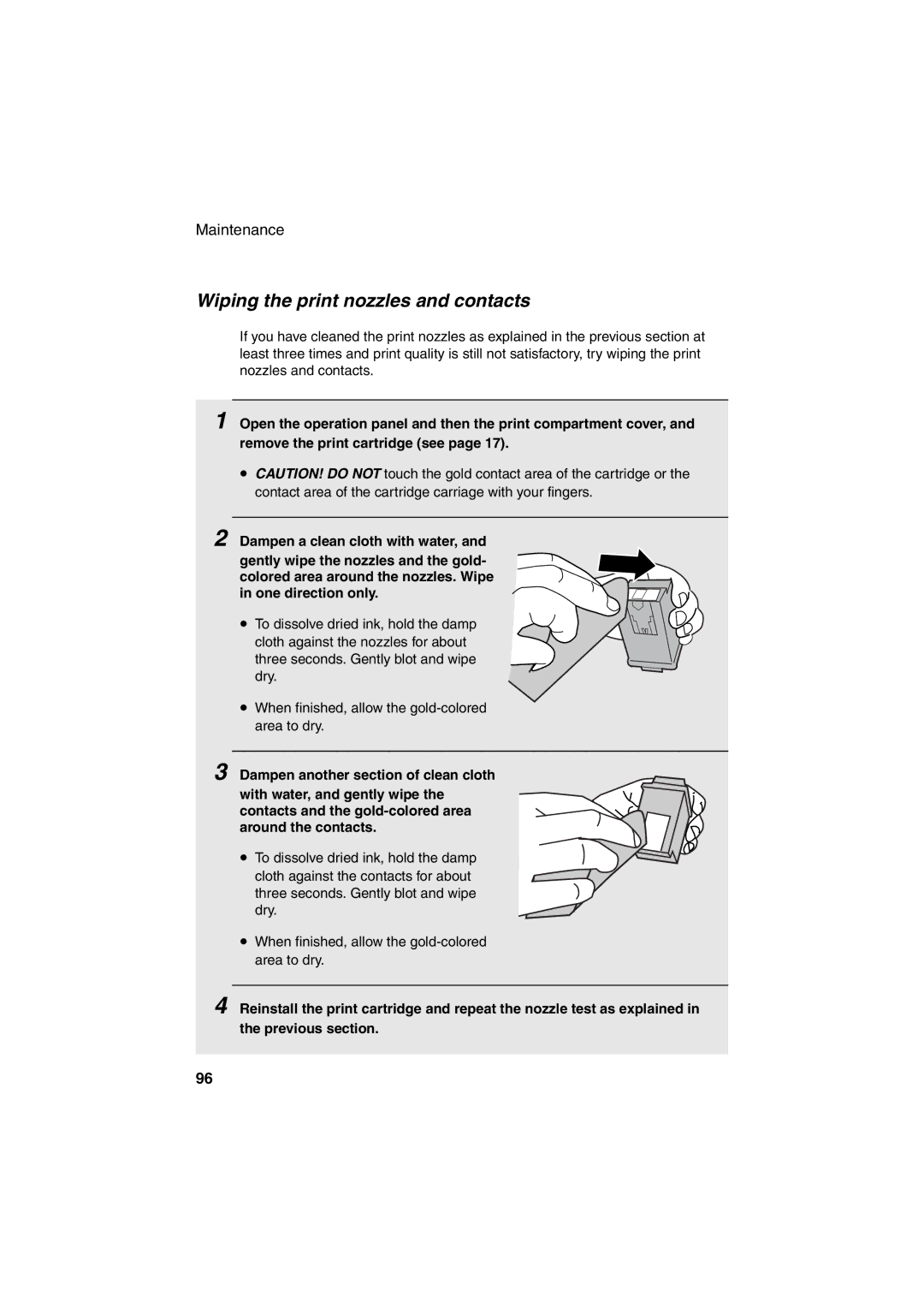 Sharp FO-B1600 operation manual Wiping the print nozzles and contacts 