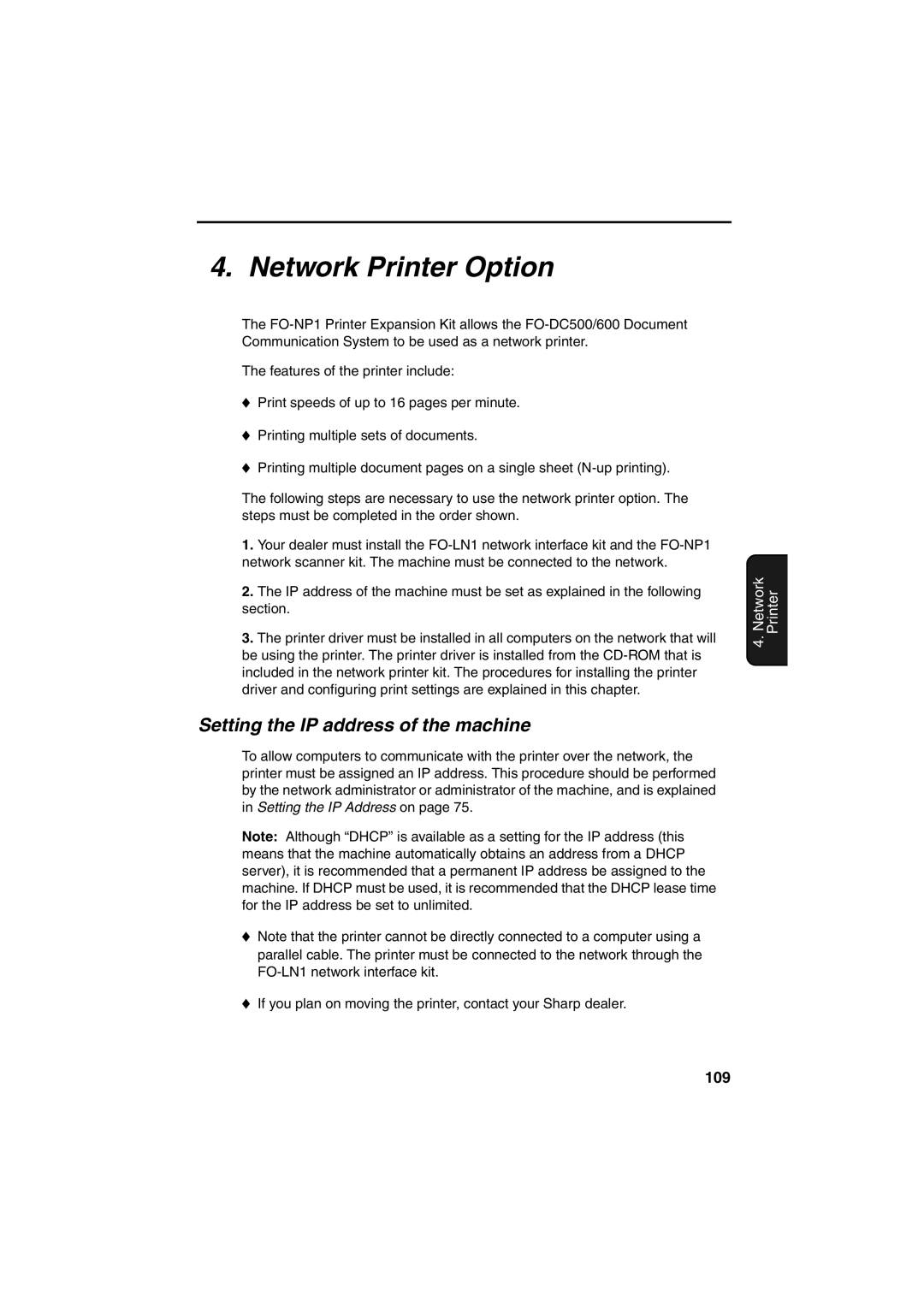 Sharp FO-DC500 operation manual Setting the IP address of the machine, 109 