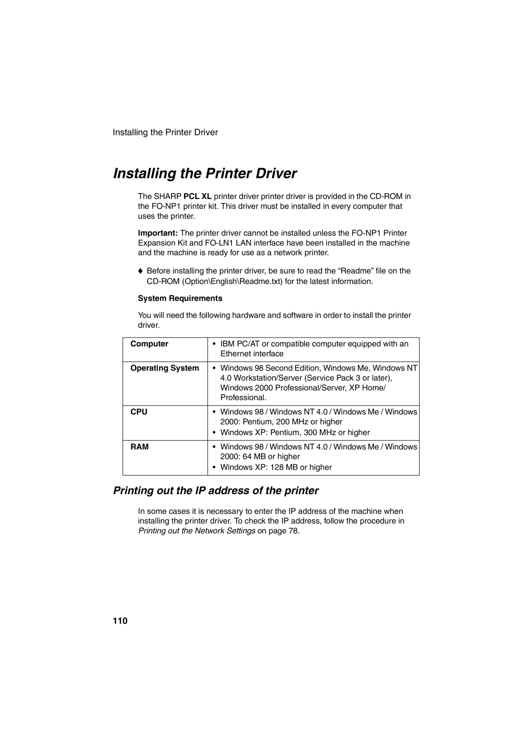 Sharp FO-DC500 operation manual Installing the Printer Driver, Printing out the IP address of the printer, 110 