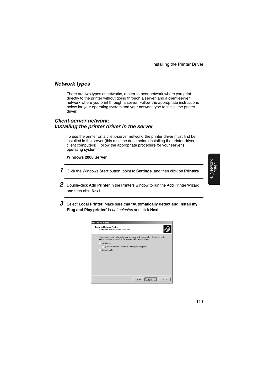 Sharp FO-DC500 operation manual Network types, 111, Windows 2000 Server 