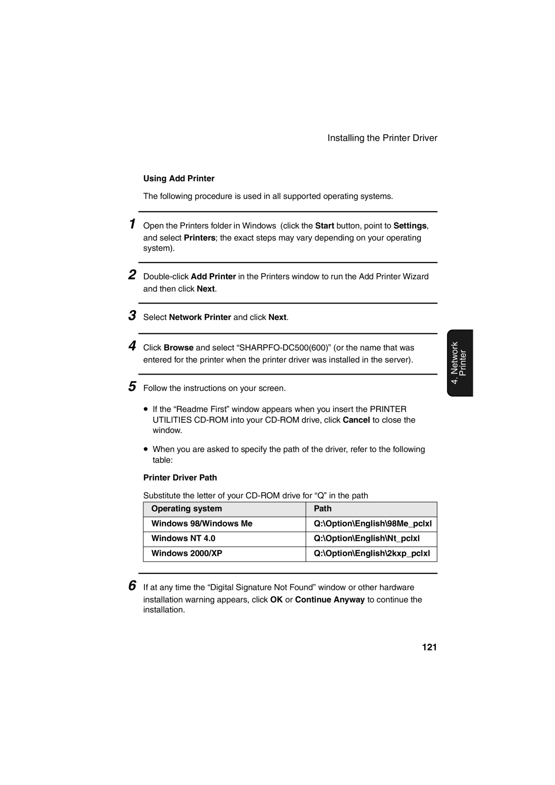 Sharp FO-DC500 operation manual 121, Using Add Printer, Select Network Printer and click Next, Printer Driver Path 