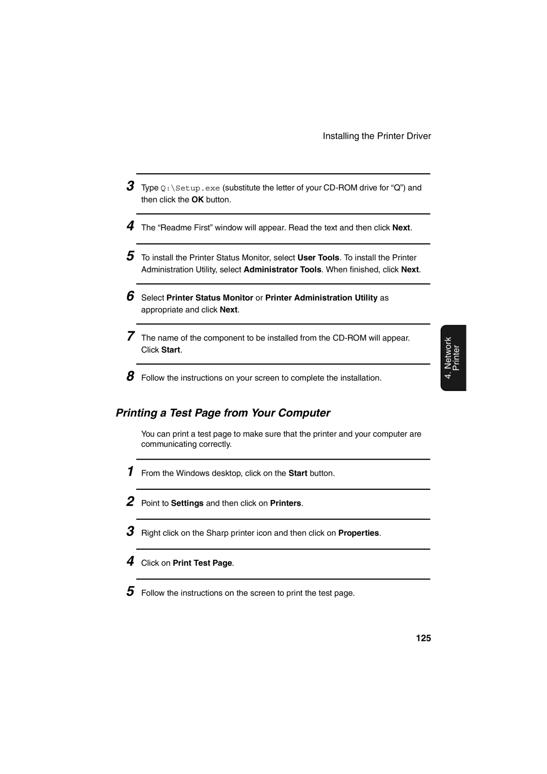 Sharp FO-DC500 operation manual Printing a Test Page from Your Computer, 125, Click on Print Test 