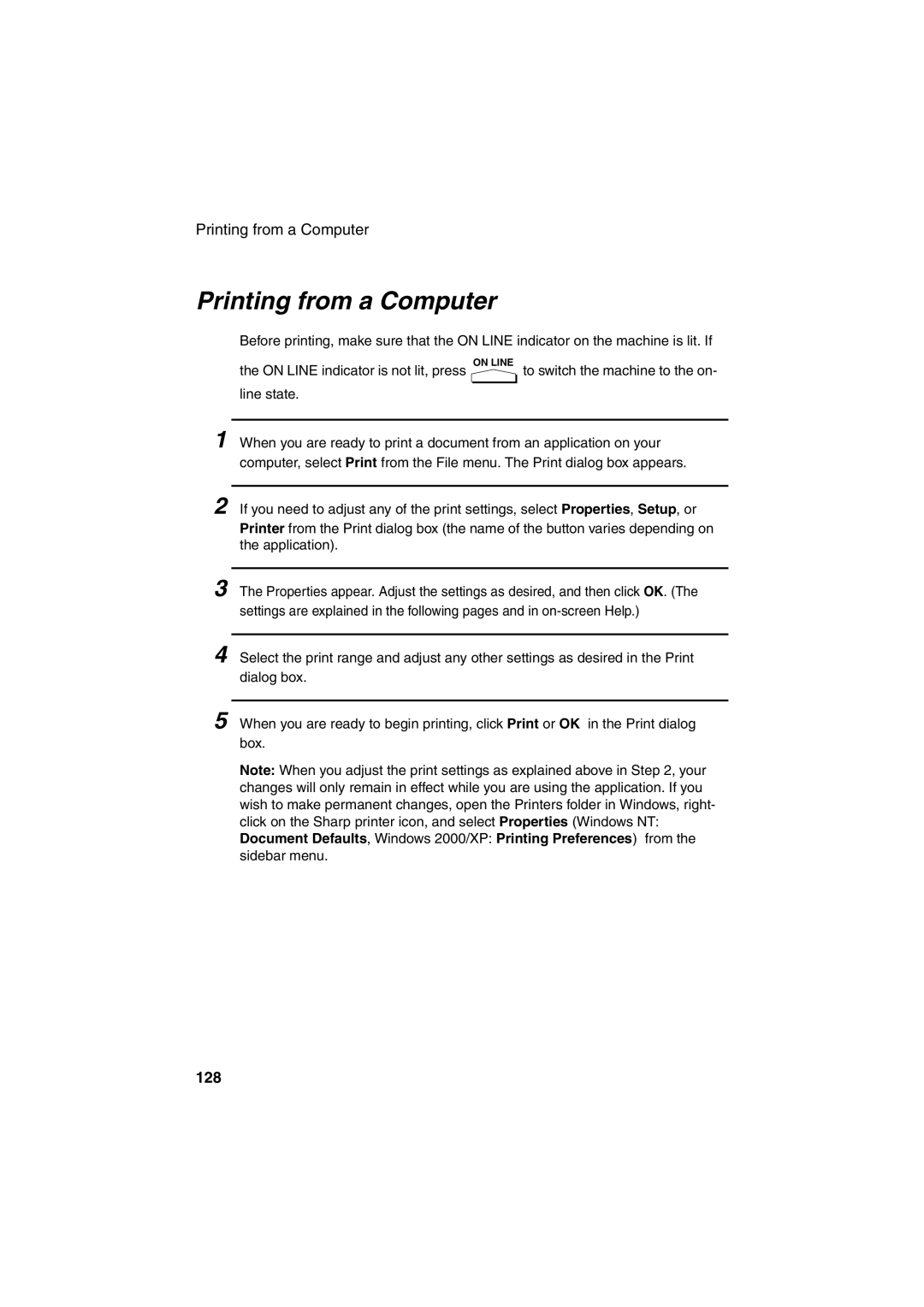 Sharp FO-DC500 operation manual Printing from a Computer, 128 