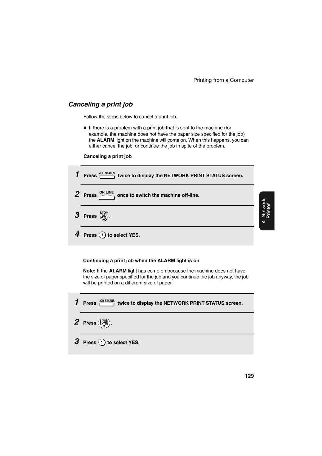 Sharp FO-DC500 operation manual Canceling a print job, 129 