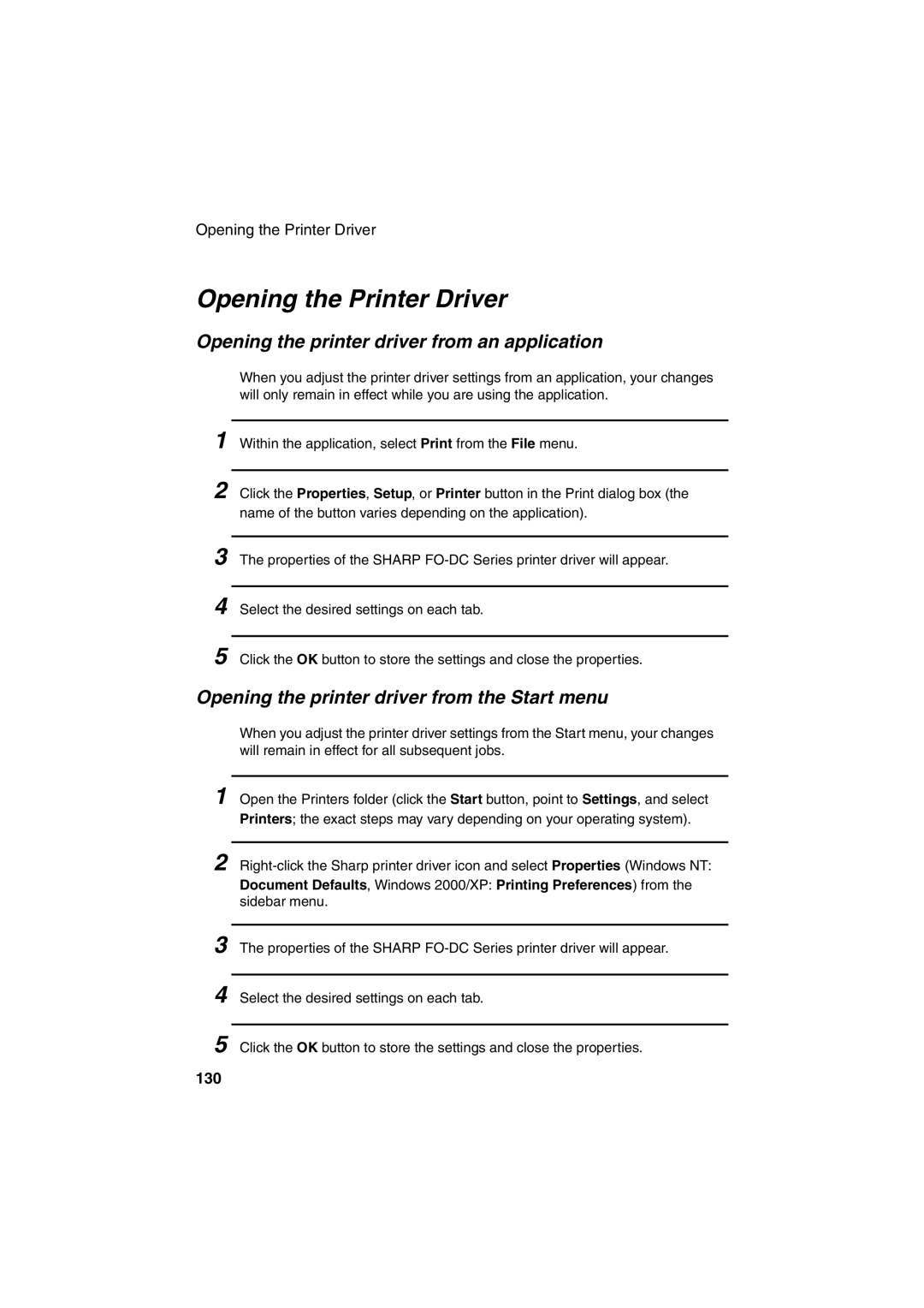 Sharp FO-DC500 operation manual Opening the Printer Driver, Opening the printer driver from an application, 130 