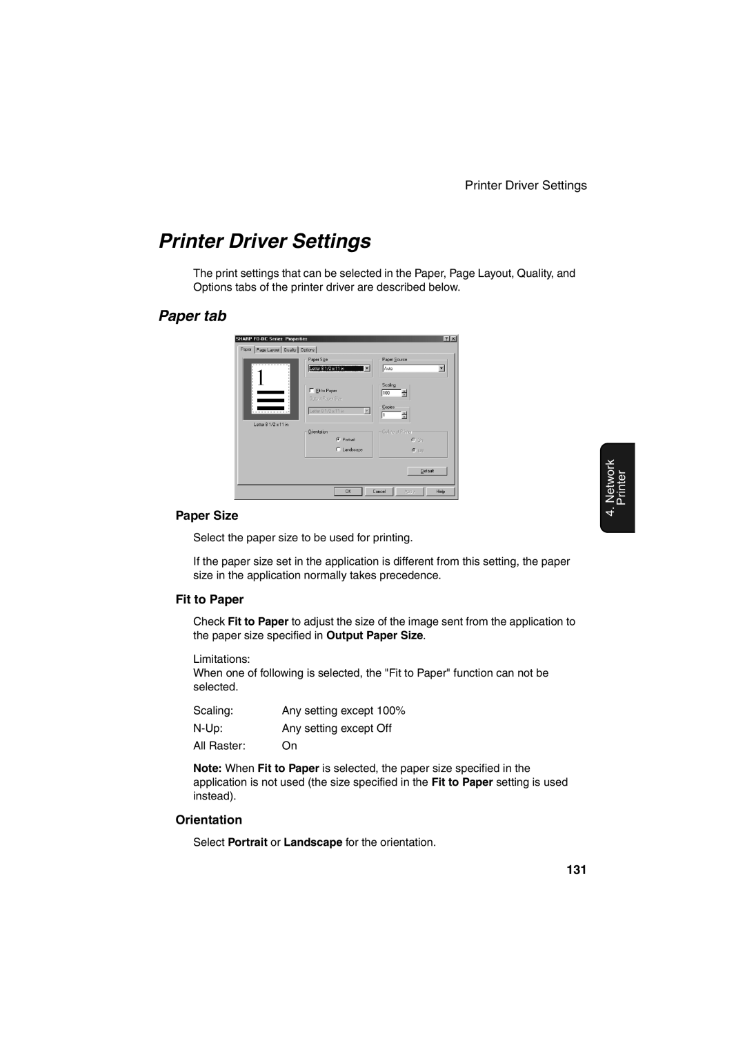 Sharp FO-DC500 operation manual Printer Driver Settings, Paper tab 