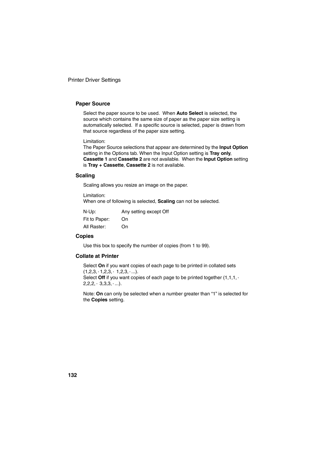 Sharp FO-DC500 operation manual Paper Source, Scaling, Copies, Collate at Printer, 132 