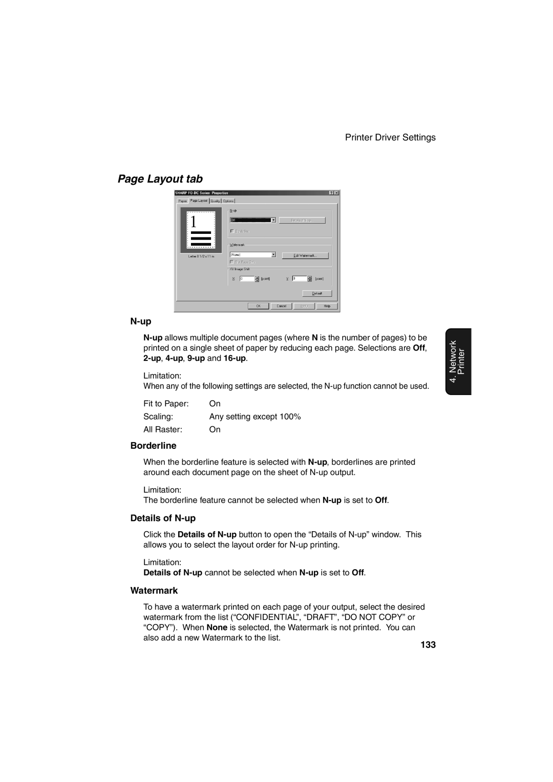 Sharp FO-DC500 operation manual Layout tab, Borderline, Details of N-up, Watermark, 133 