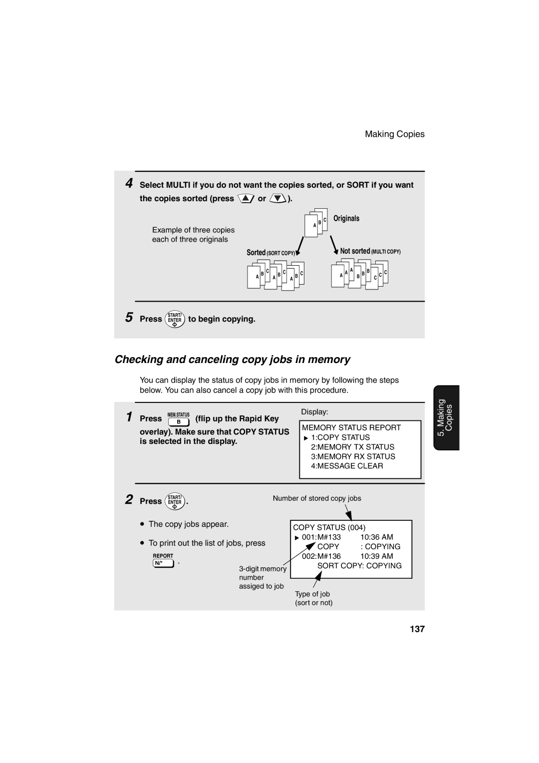 Sharp FO-DC500 operation manual Checking and canceling copy jobs in memory, 137, Originals Not sorted Multi Copy 