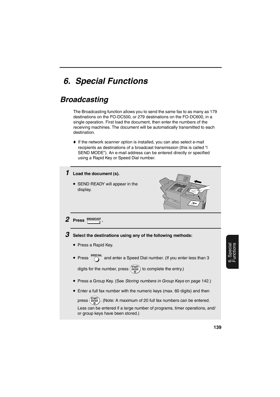 Sharp FO-DC500 Broadcasting, 139, Load the document s, Select the destinations using any of the following methods 