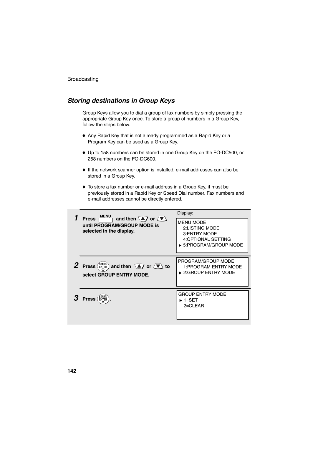 Sharp FO-DC500 operation manual Storing destinations in Group Keys, 142, Select Group Entry Mode 