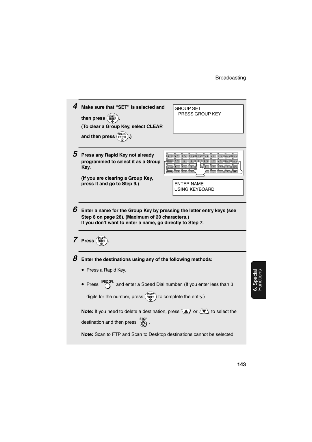 Sharp FO-DC500 operation manual 143, Make sure that SET is selected, Then press Enter To clear a Group Key, select Clear 