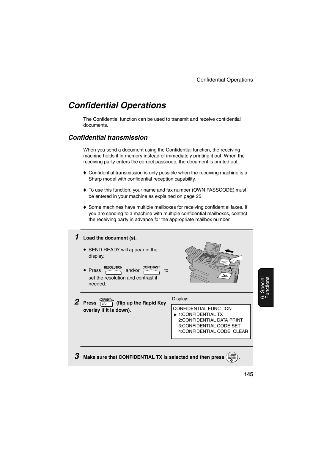 Sharp FO-DC500 operation manual Confidential Operations, Confidential transmission, 145, Press Z 