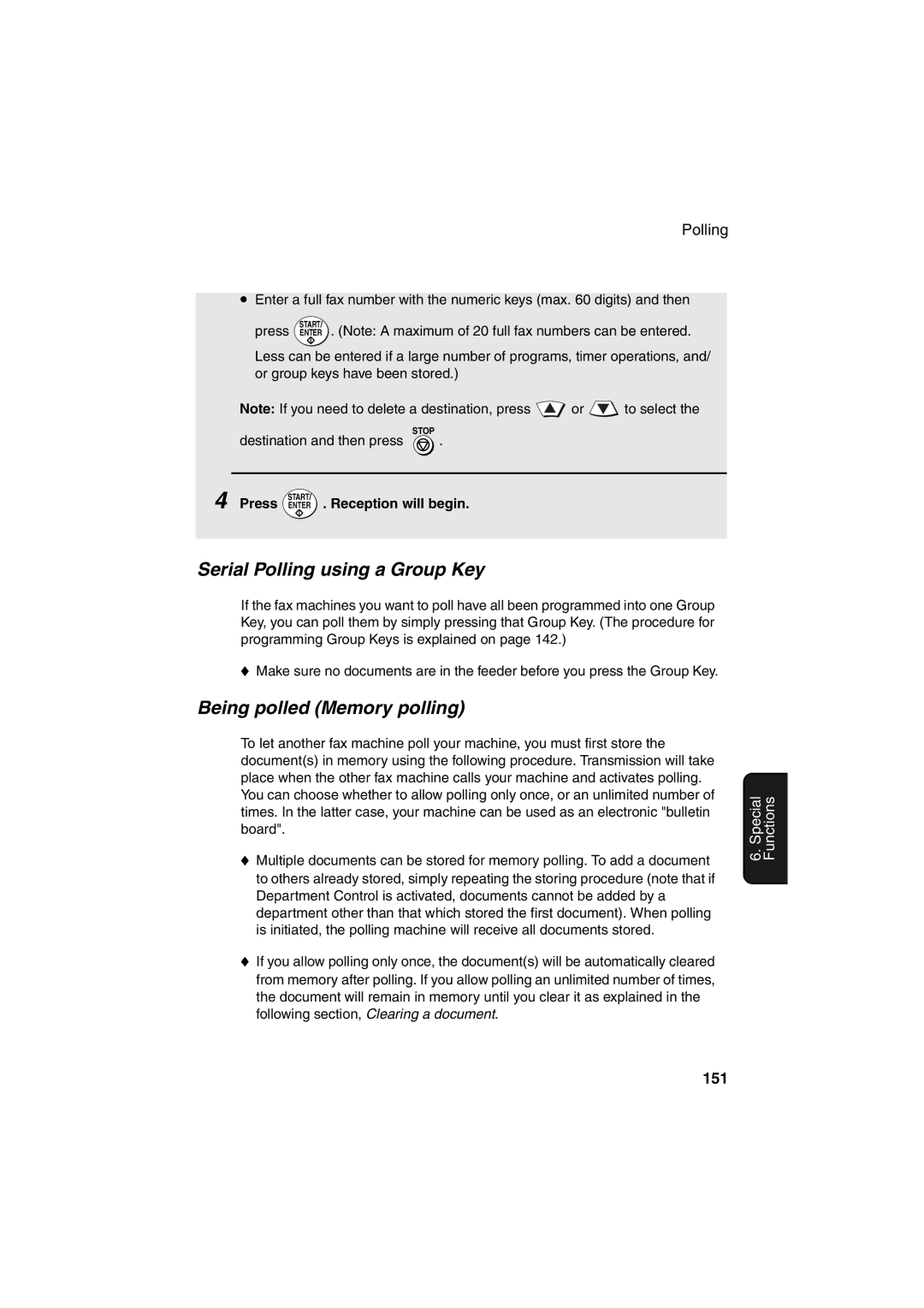 Sharp FO-DC500 Serial Polling using a Group Key, Being polled Memory polling, 151, Press Enter . Reception will begin 