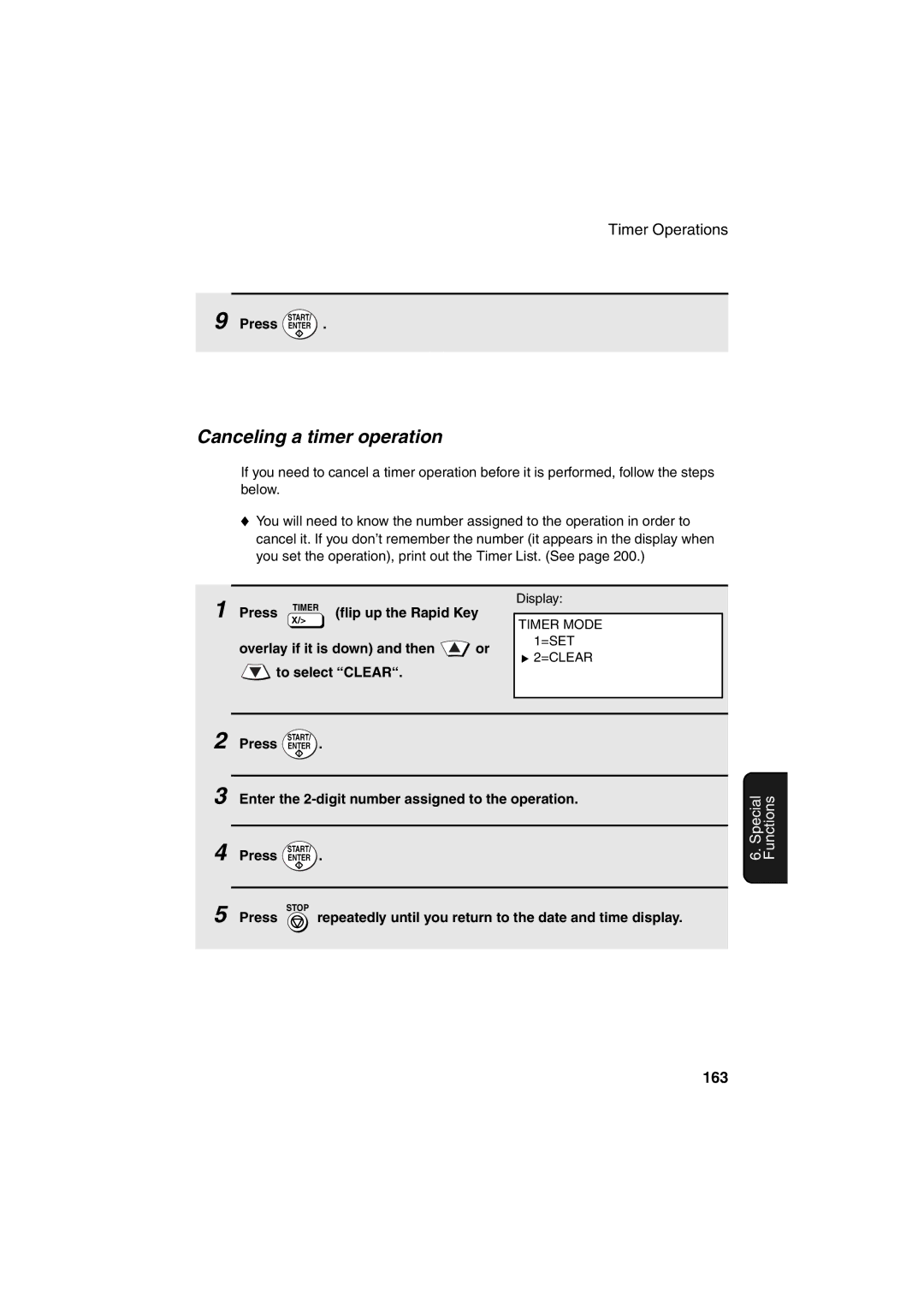 Sharp FO-DC500 operation manual Canceling a timer operation, 163, Overlay if it is down and then or to select Clear 