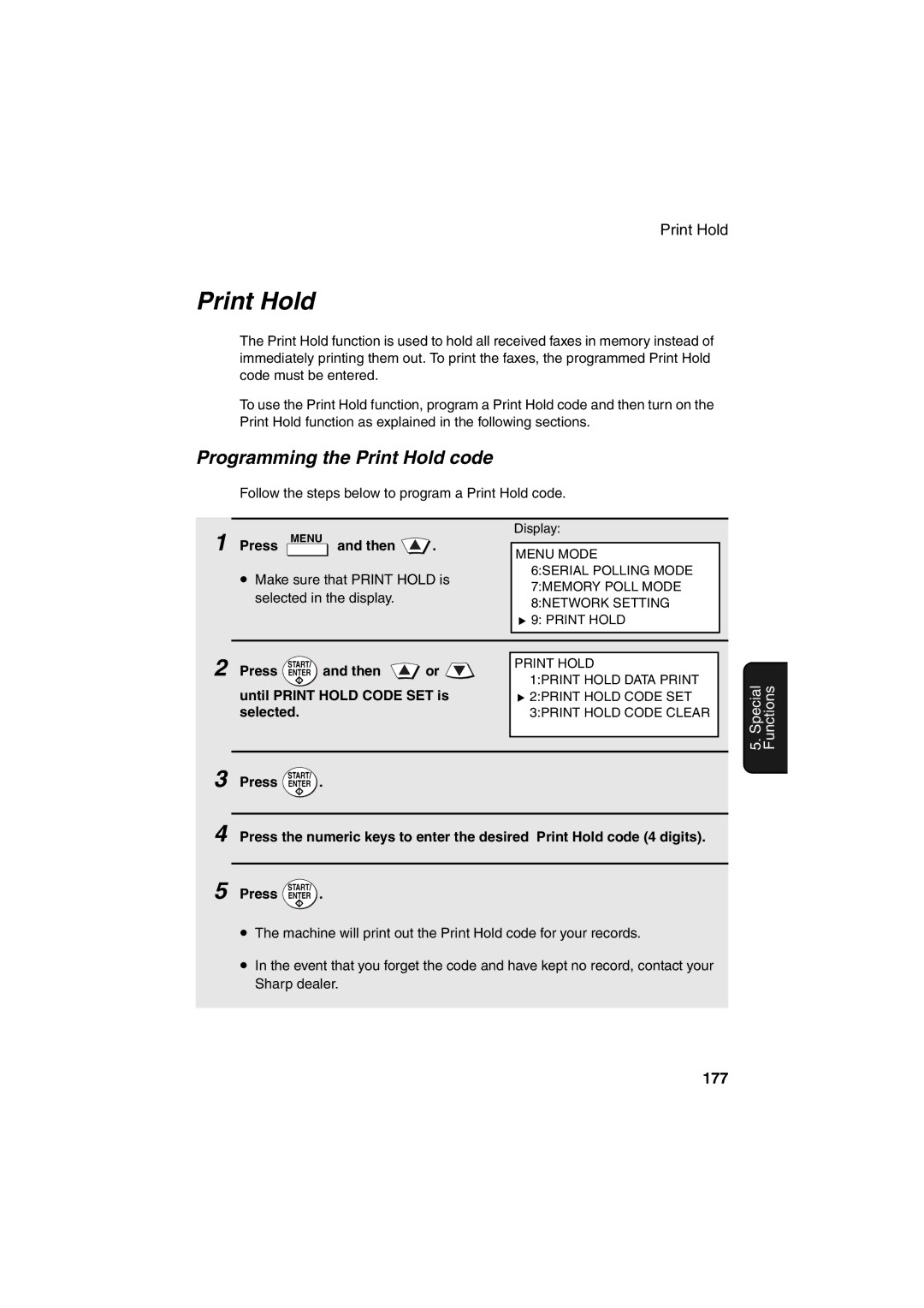 Sharp FO-DC500 operation manual Programming the Print Hold code, 177, Until Print Hold Code SET is 