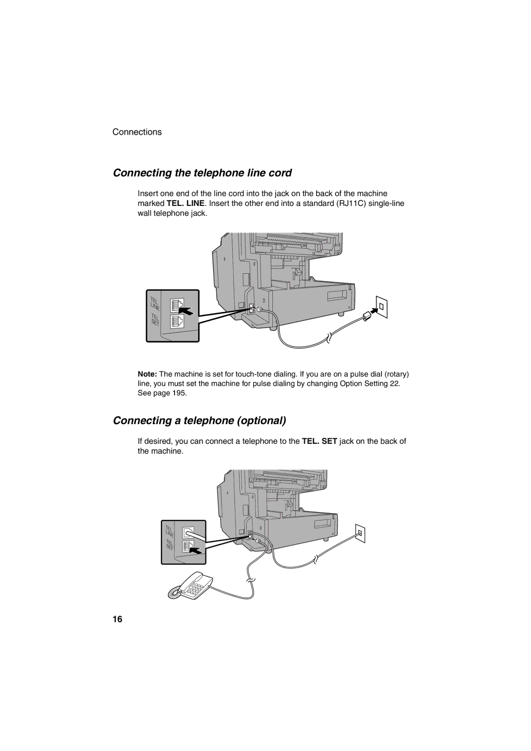 Sharp FO-DC500 operation manual Connecting the telephone line cord, Connecting a telephone optional 