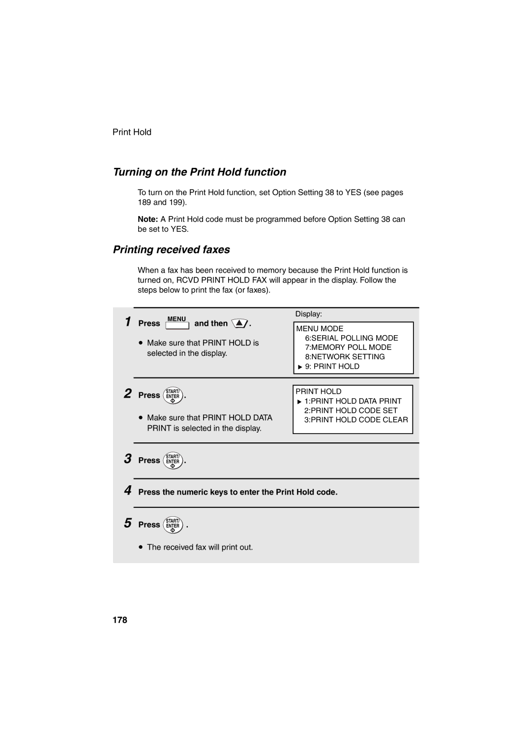 Sharp FO-DC500 operation manual Turning on the Print Hold function, Printing received faxes, 178 