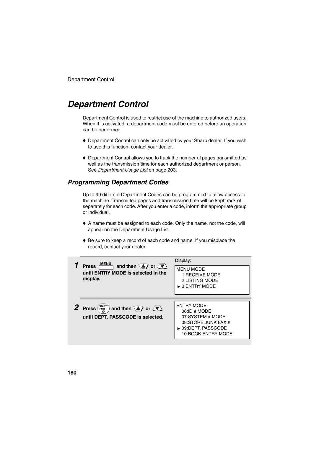 Sharp FO-DC500 operation manual Department Control, Programming Department Codes, 180, Until DEPT. Passcode is selected 