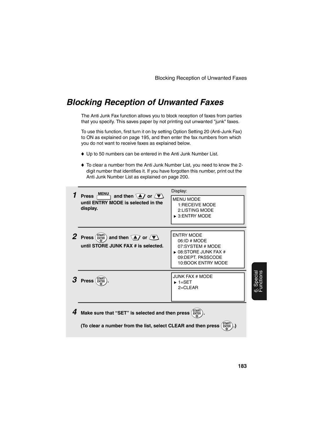 Sharp FO-DC500 operation manual Blocking Reception of Unwanted Faxes, 183, Until Store Junk FAX # is selected 