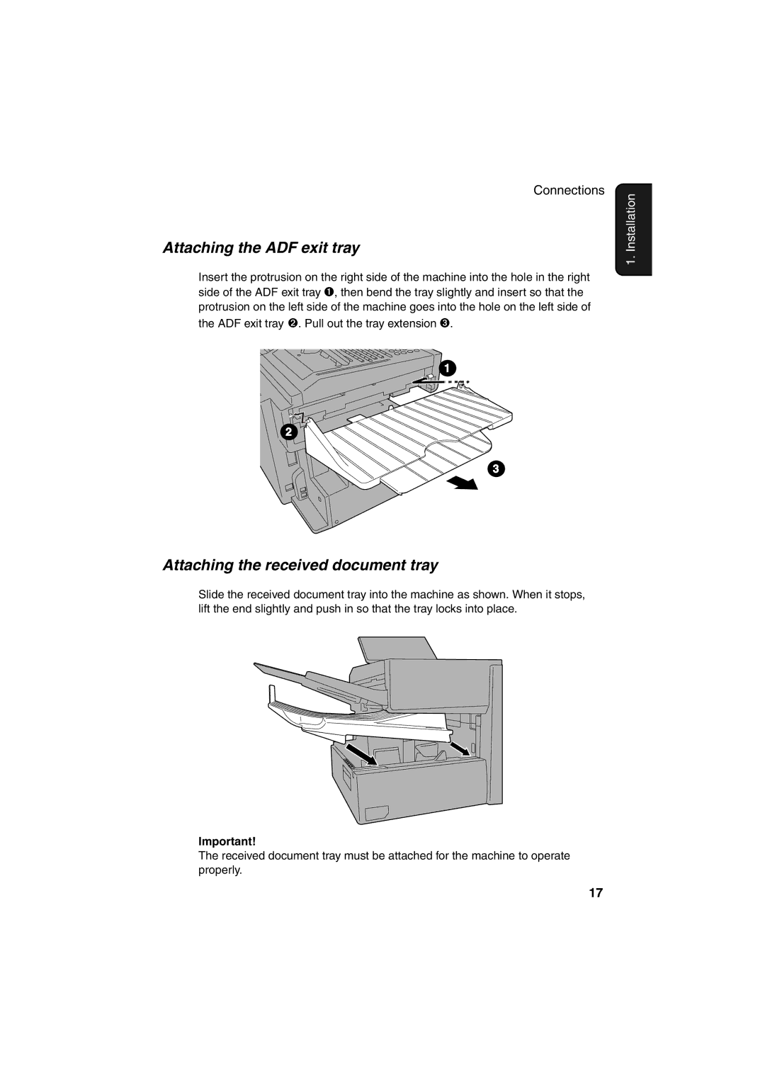 Sharp FO-DC500 operation manual Attaching the ADF exit tray, Attaching the received document tray 