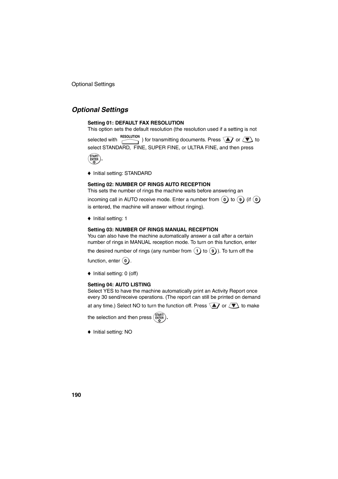 Sharp FO-DC500 operation manual Optional Settings, 190 