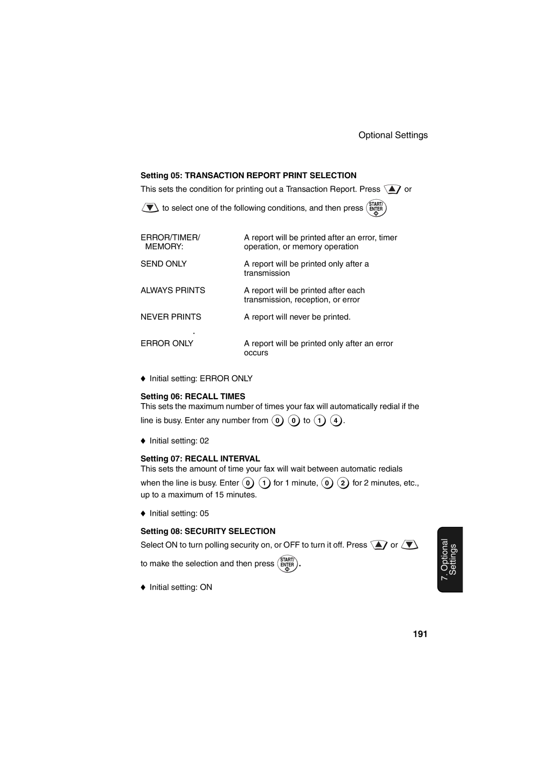 Sharp FO-DC500 191, Setting 05 Transaction Report Print Selection, Setting 06 Recall Times, Setting 07 Recall Interval 