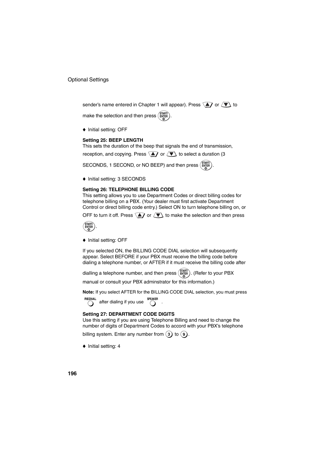 Sharp FO-DC500 196, Setting 25 Beep Length, Setting 26 Telephone Billing Code, Setting 27 Department Code Digits 