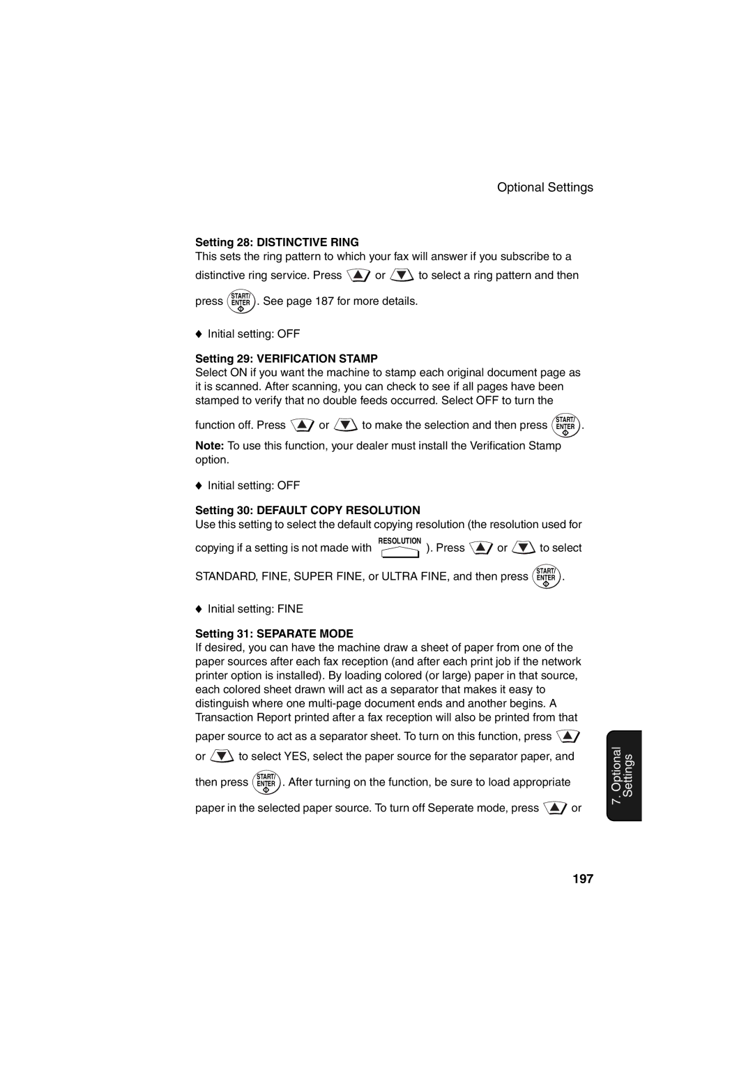 Sharp FO-DC500 197, Setting 28 Distinctive Ring, Setting 29 Verification Stamp, Setting 30 Default Copy Resolution 