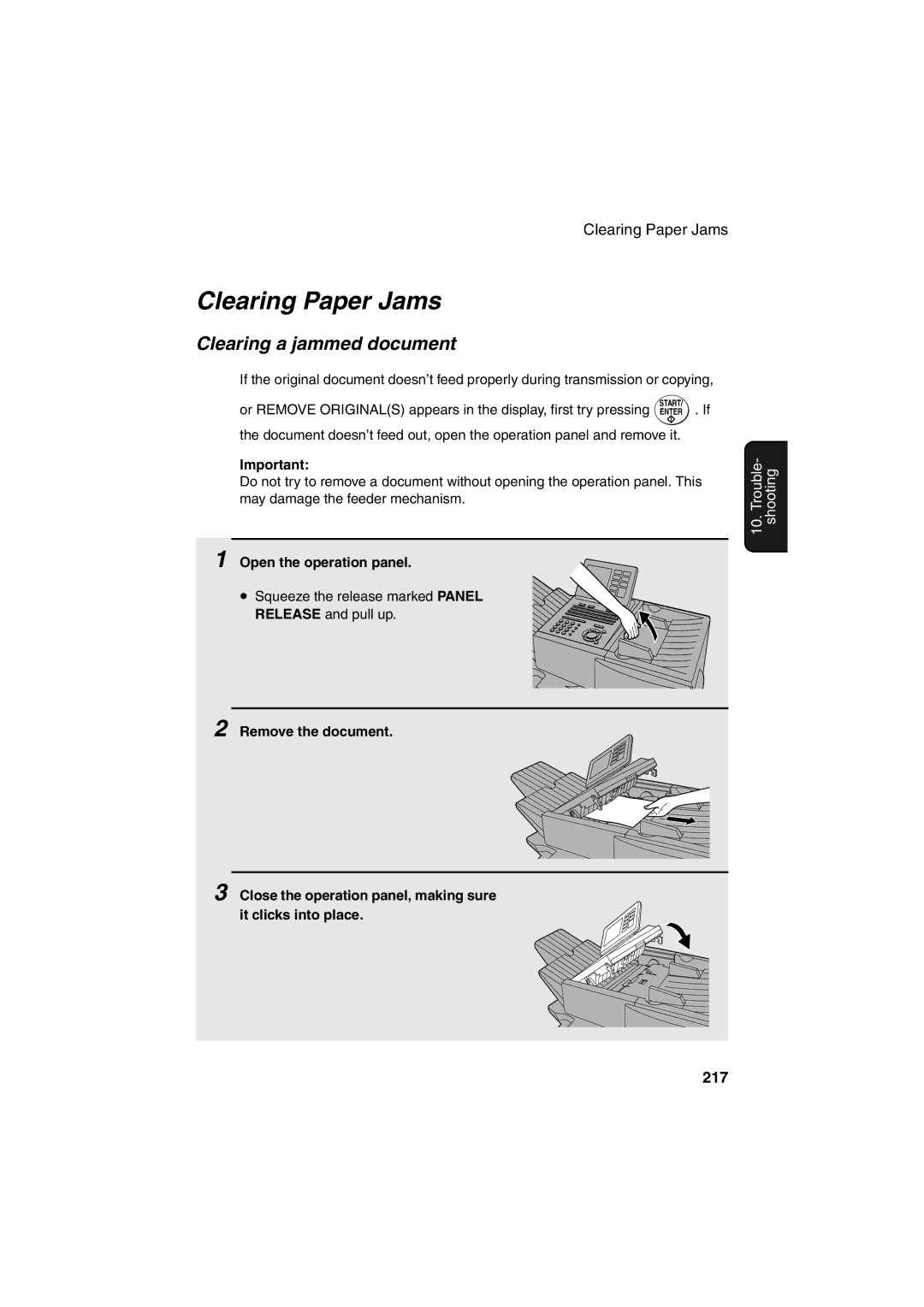 Sharp FO-DC500 operation manual Clearing Paper Jams, Clearing a jammed document 