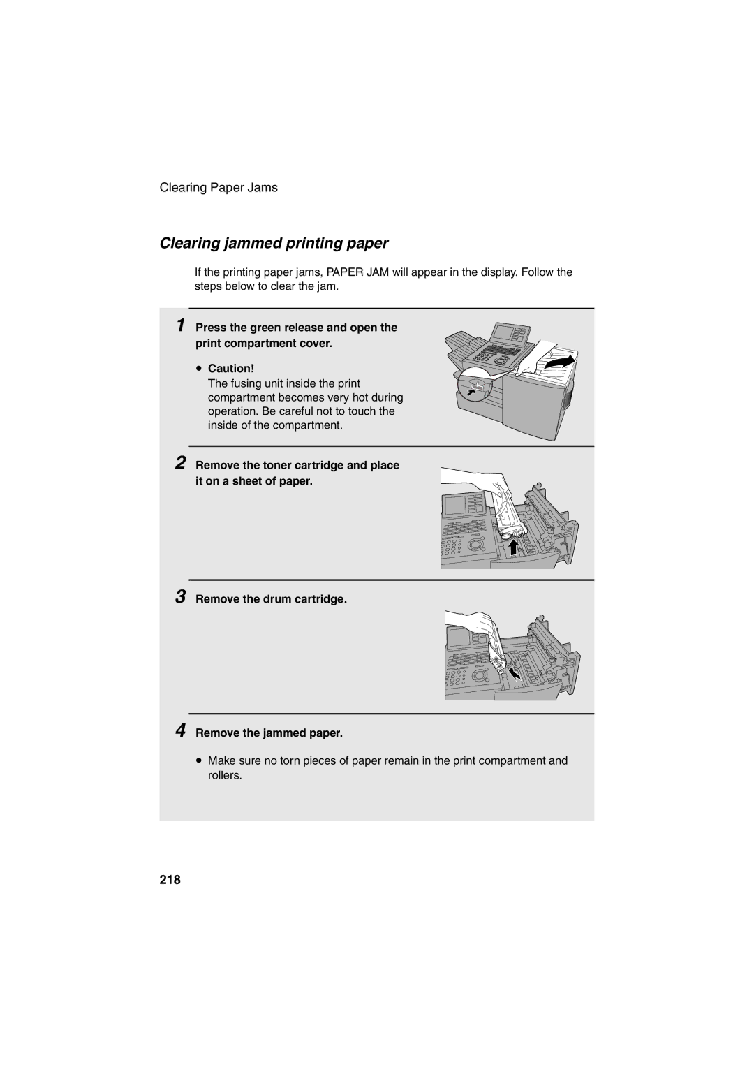 Sharp FO-DC500 operation manual Clearing jammed printing paper, 218 