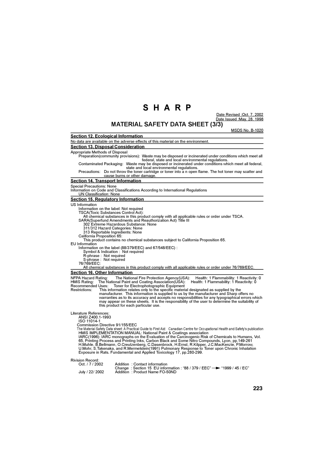 Sharp FO-DC500 operation manual Material Safety Data Sheet 3/3, 223 