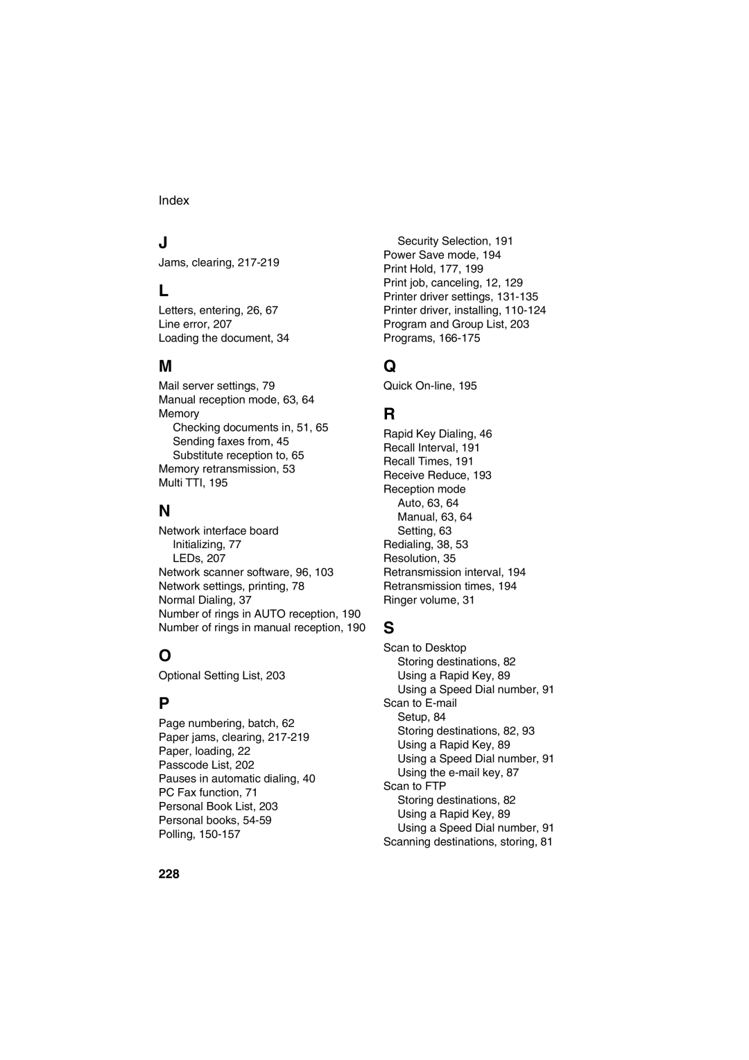 Sharp FO-DC500 operation manual Index, 228 