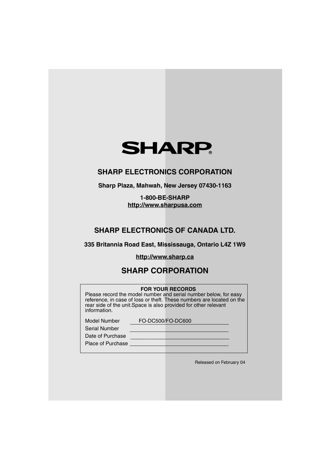 Sharp FO-DC500 operation manual Sharp Corporation 