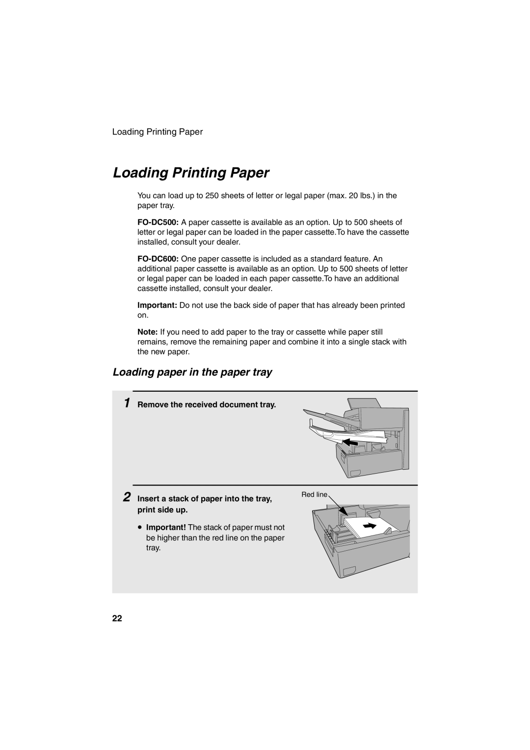 Sharp FO-DC500 operation manual Loading Printing Paper, Loading paper in the paper tray, Print side up 