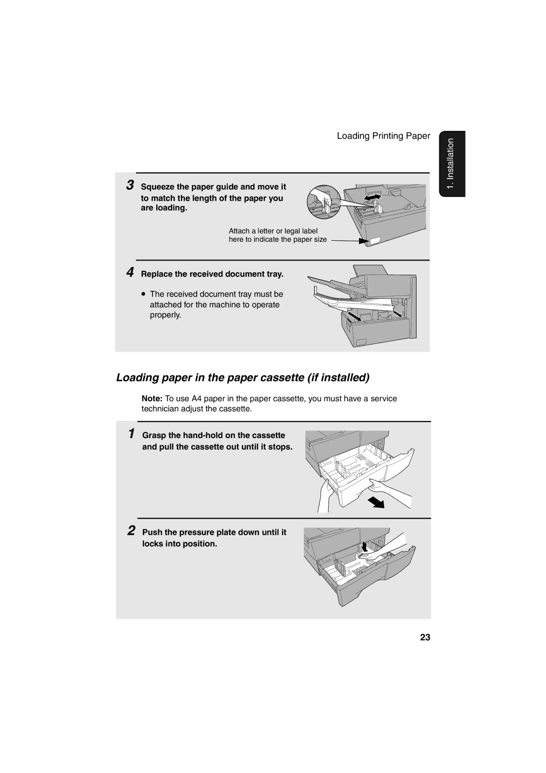 Sharp FO-DC500 operation manual Loading paper in the paper cassette if installed, Replace the received document tray 